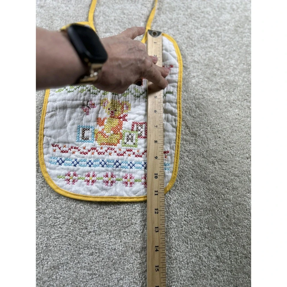 Vintage Hand Embroidered Baby Bib Alphabet Bear Blocks Yellow Trim Nursery Decor